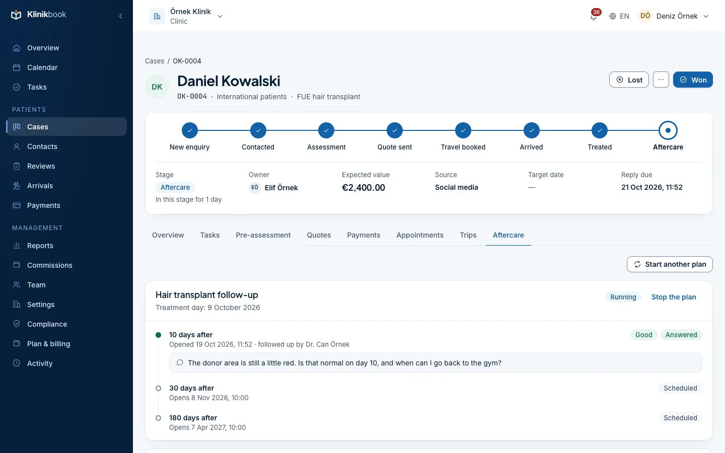 Aftercare tab: Daniel Kowalski's hair transplant follow-up plan; the day-10 check-in answered “good” with a question, the day-30 and day-180 check-ins scheduled.