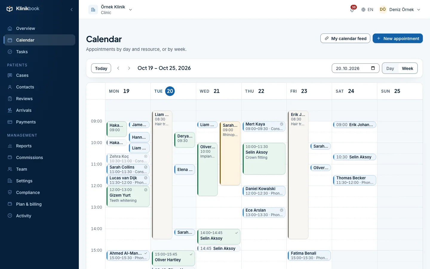 Calendar, week view: consultations, 3D scans, implant, hair transplant and rhinoplasty surgeries and phone pre-consultations of three practitioners, Monday to Saturday.