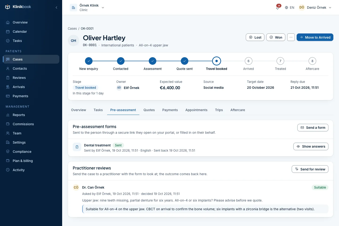 Pre-assessment tab: the dental questionnaire Oliver Hartley filled in on the patient portal, and Dr. Can Örnek's review: suitable for All-on-4.