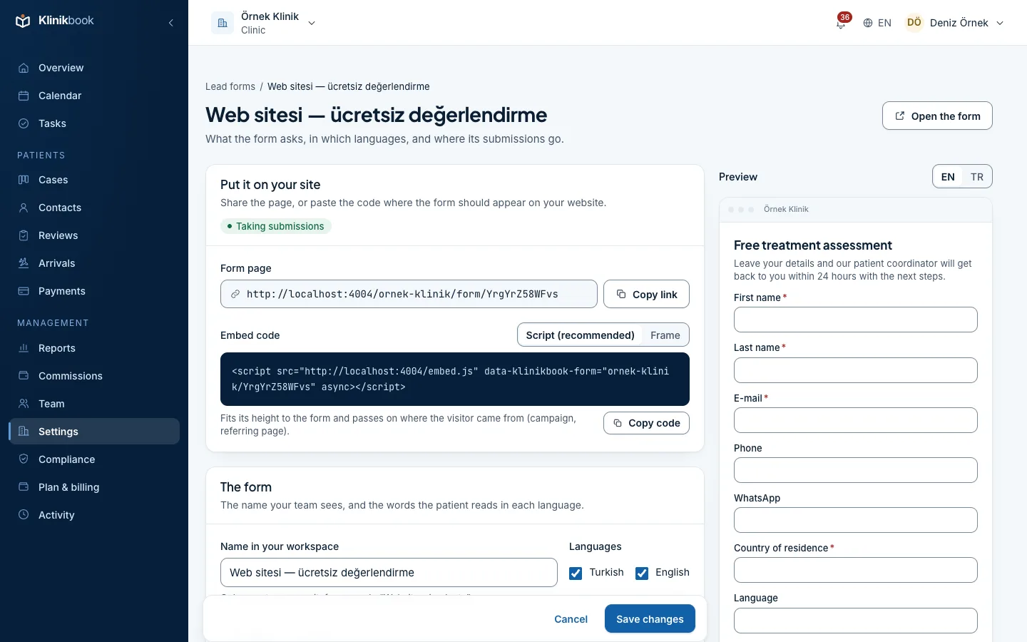 Lead form settings: the fields, the services offered, the pipeline and source its cases get, the hosted page's link and the embed codes for the clinic's website.