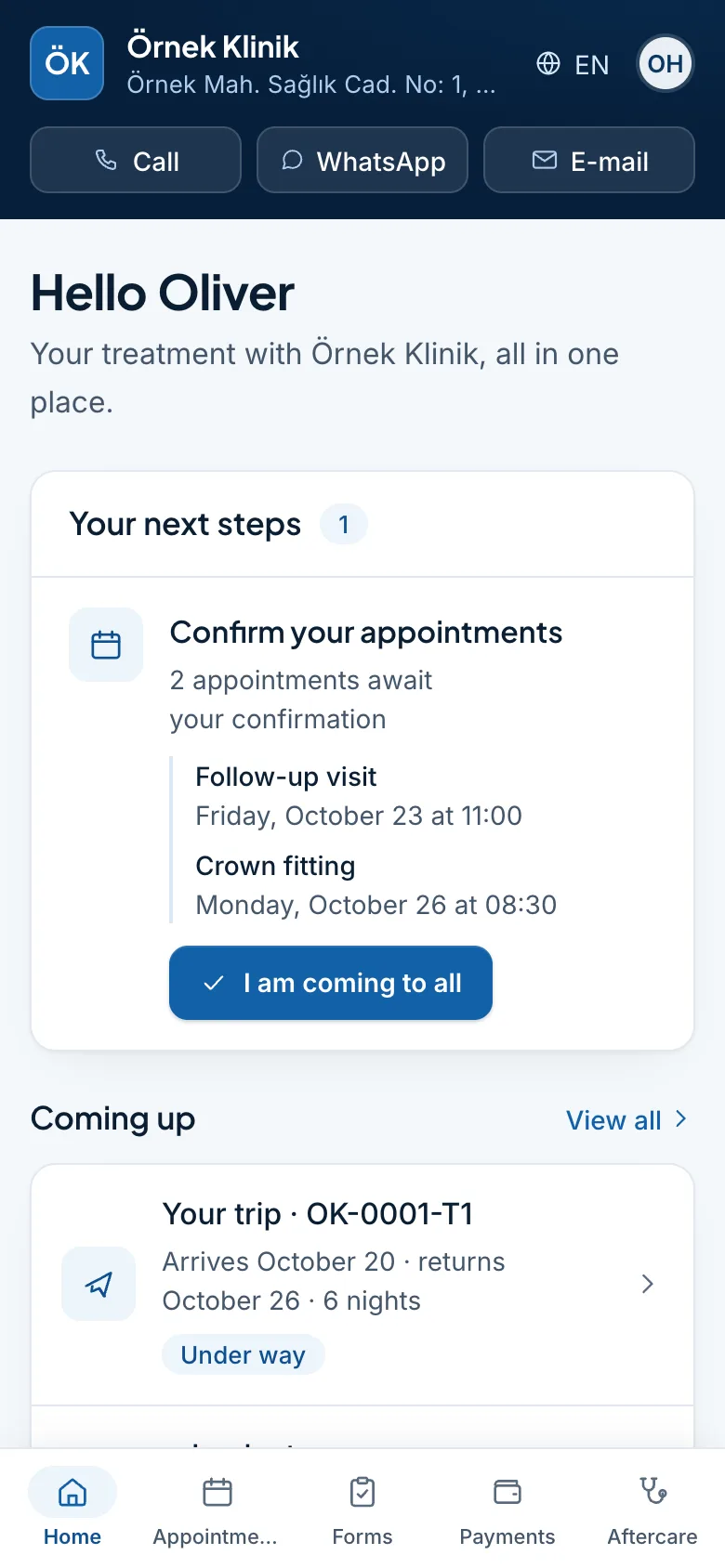 Patient portal on a phone: Oliver Hartley's upcoming appointments, trip, quote and payment schedule at Örnek Klinik.