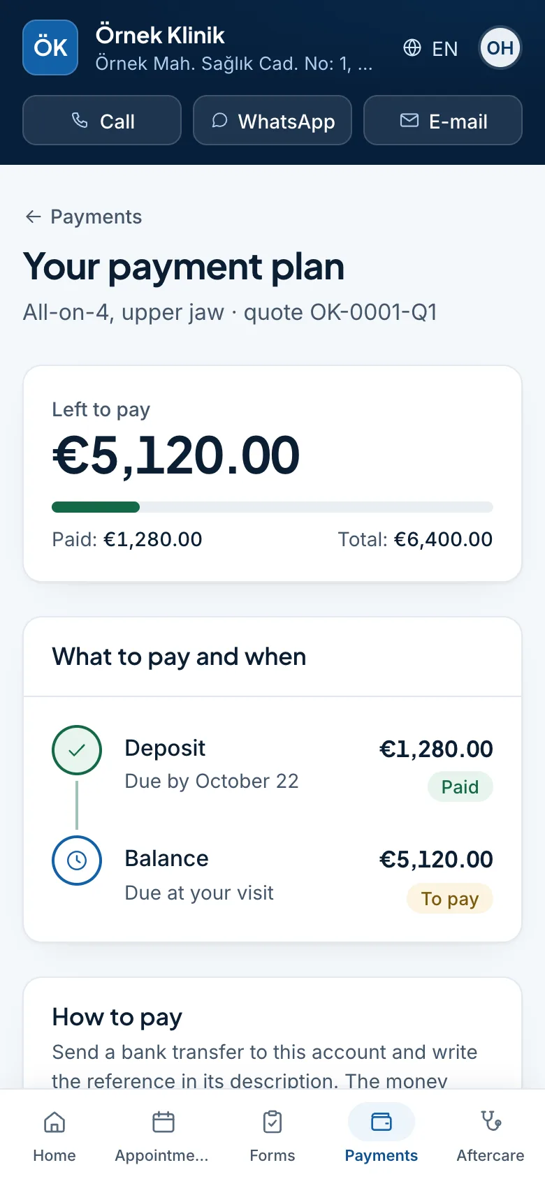 Payment plan on a phone: the deposit received, the balance and its due date, the clinic's bank account and a receipt upload.