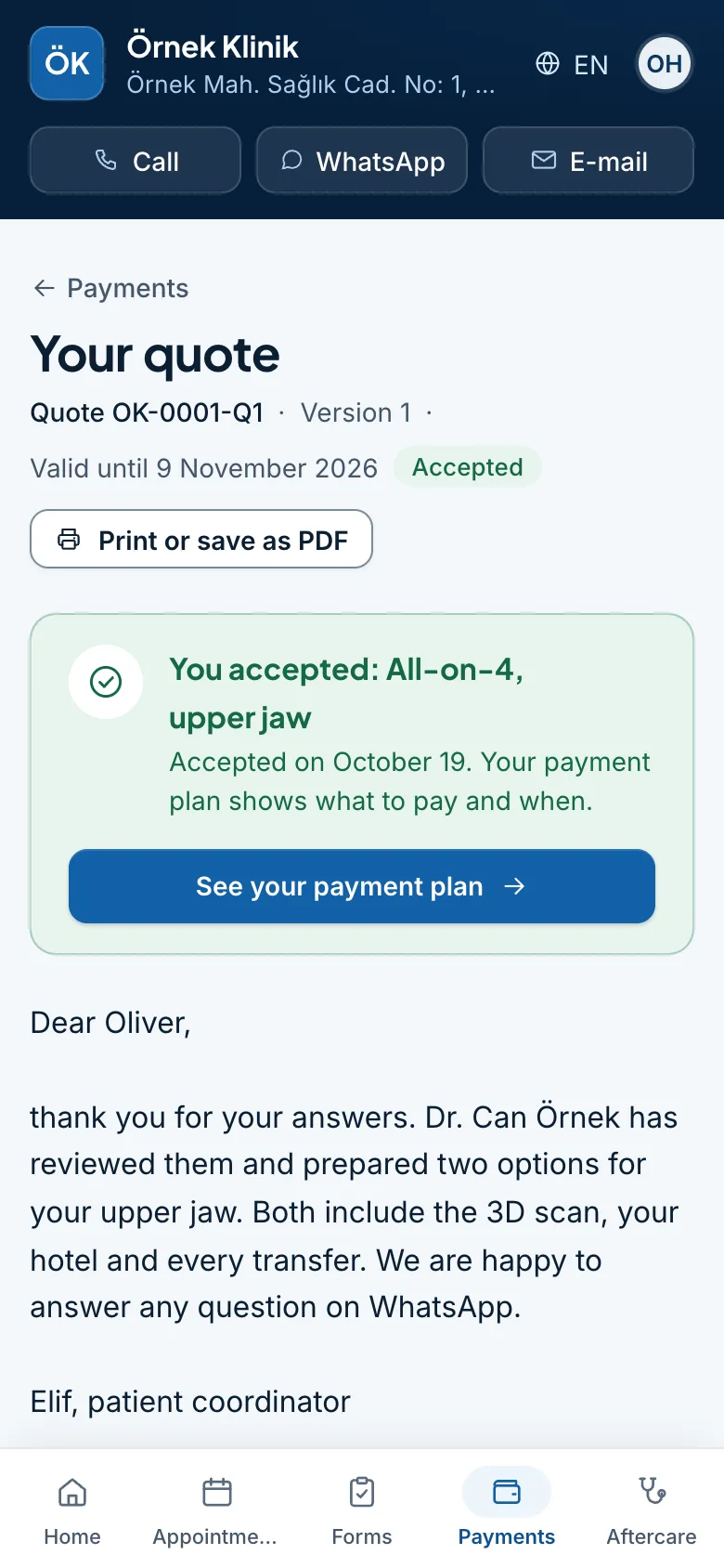 A quote on a phone: the two options side by side, the accepted All-on-4 option and its deposit.