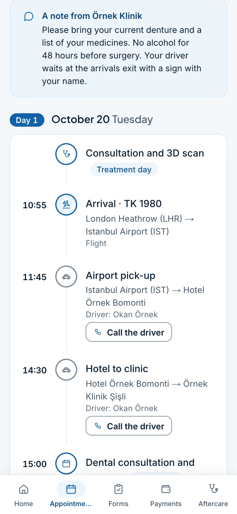 Trip plan on a phone: the flights, the hotel, the airport pickup and transfers, the treatment days and appointments, day by day.